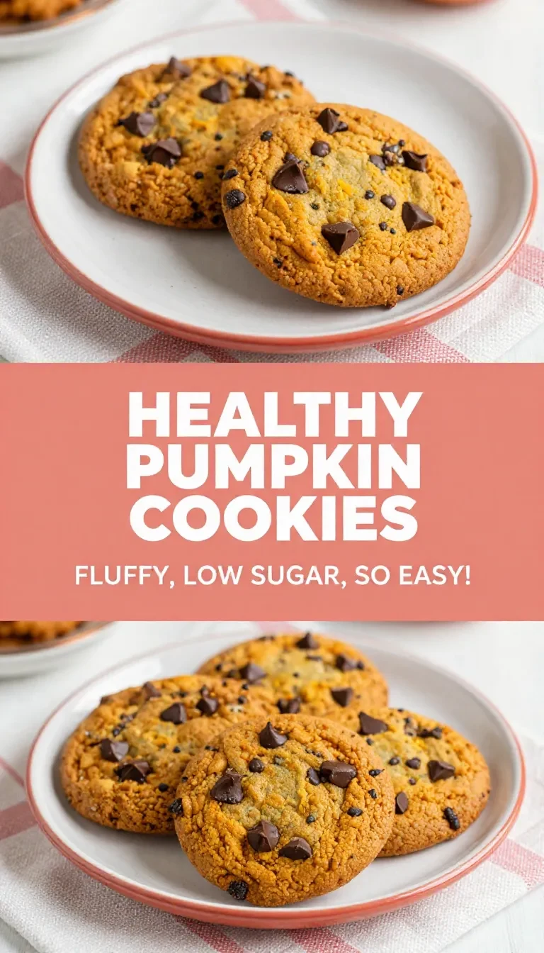 A plate of freshly baked healthy chocolate chip pumpkin cookies on a wooden table.