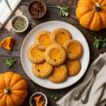 Close-up of chewy pumpkin cookies stacked on a plate with autumn leaves in the background.