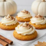 A plate of soft pumpkin cookies topped with cream cheese frosting and sprinkled with cinnamon.