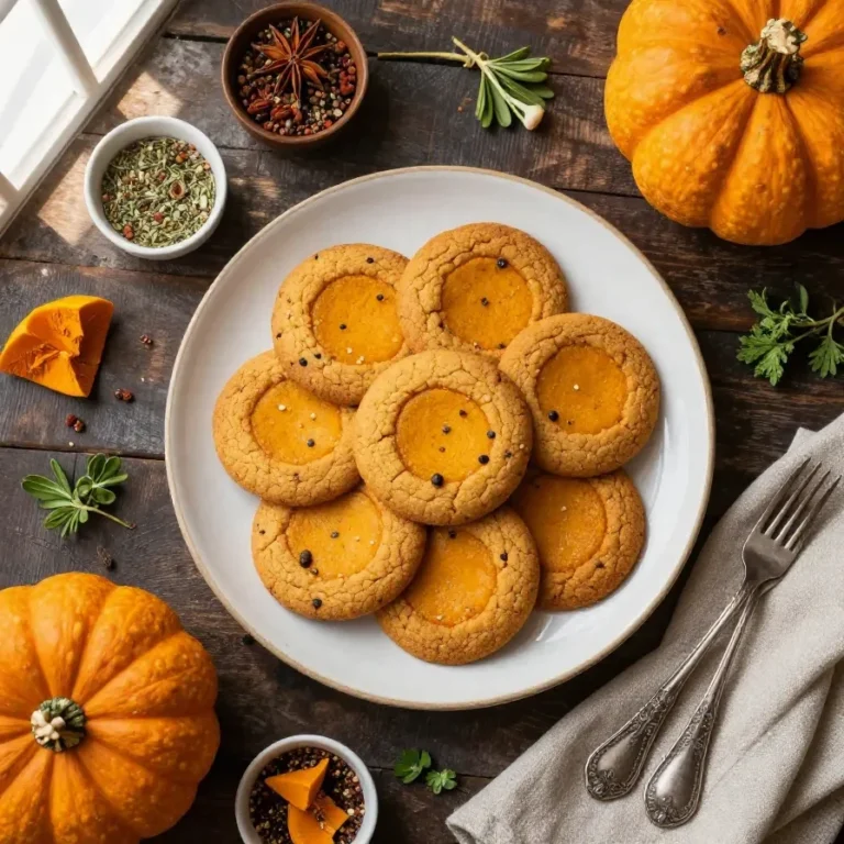 Close-up of chewy pumpkin cookies stacked on a plate with autumn leaves in the background.