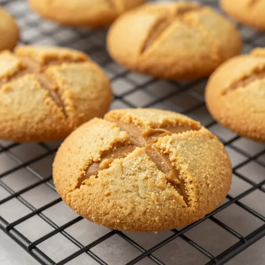 A plate of freshly baked sugar-free peanut butter cookies on a wooden table.