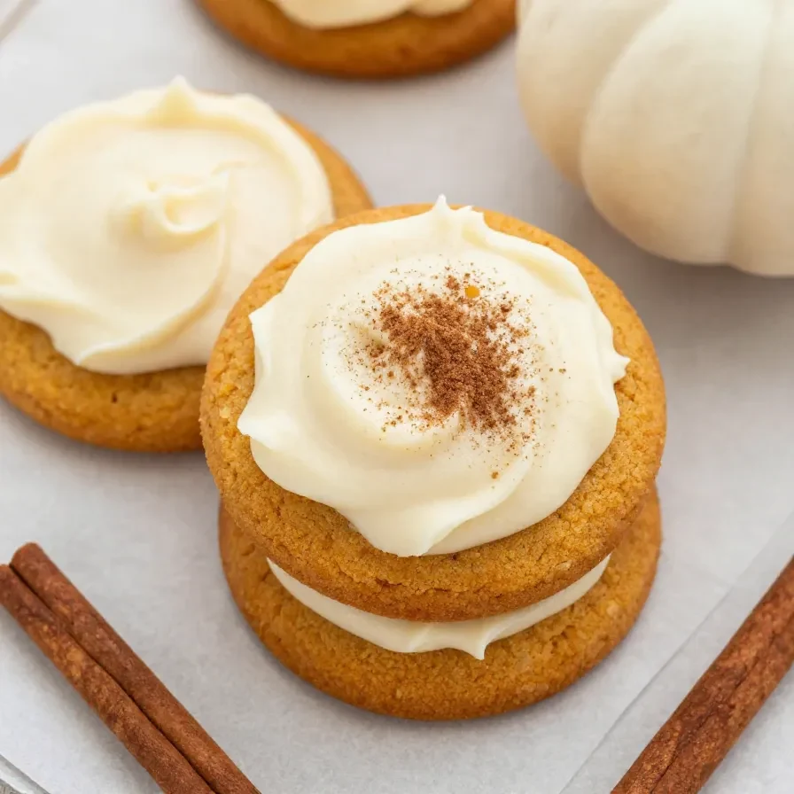 A plate of soft pumpkin cookies topped with cream cheese frosting and sprinkled with cinnamon.
