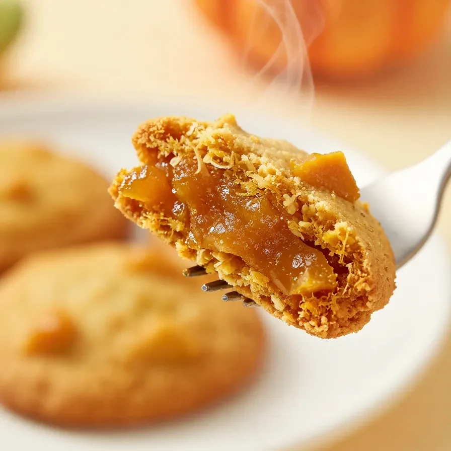 Close-up of chewy pumpkin cookies stacked on a plate with autumn leaves in the background.