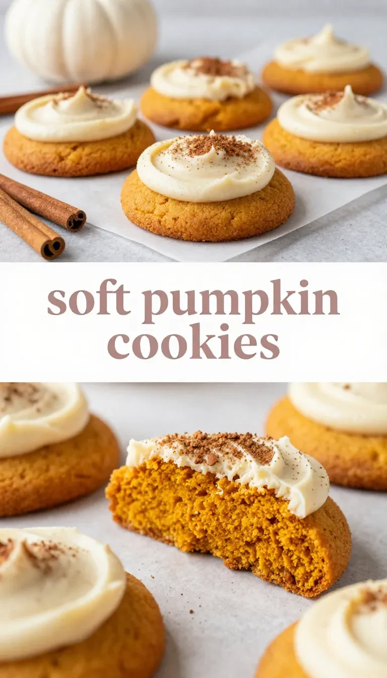 A plate of soft pumpkin cookies topped with cream cheese frosting and sprinkled with cinnamon.
