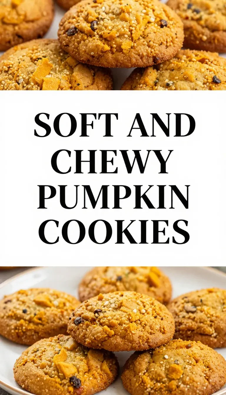 Close-up of chewy pumpkin cookies stacked on a plate with autumn leaves in the background.