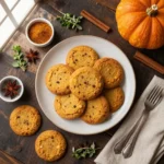 A plate of freshly baked low-carb pumpkin spice cookies on a wooden table.