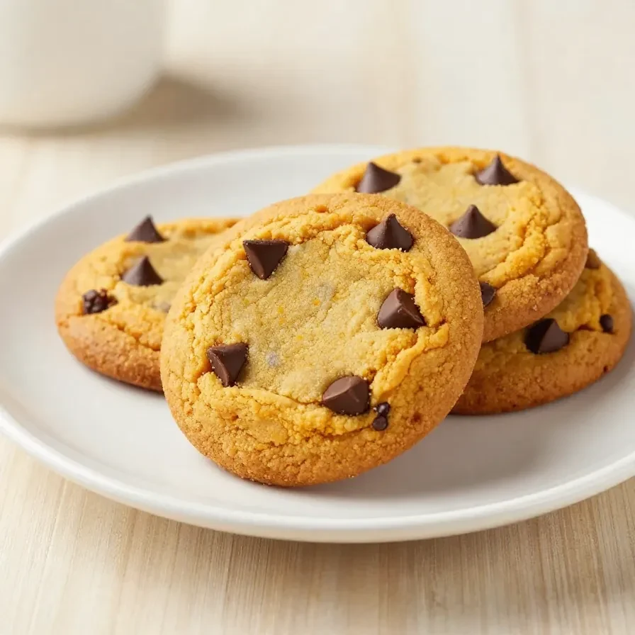 Freshly baked soft batch pumpkin chocolate chip cookies arranged on a white plate.
