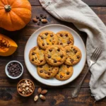 Close-up of chewy pumpkin chocolate chip cookies stacked on a plate.