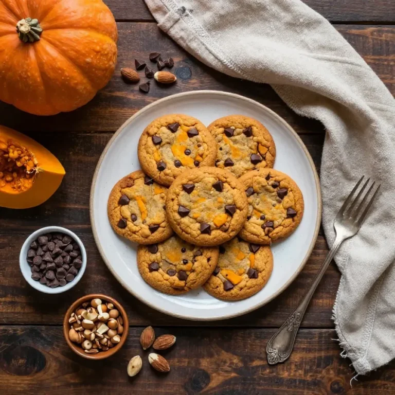 Chewy Pumpkin Chocolate Chip Cookies Recipe Close-up of chewy pumpkin chocolate chip cookies stacked on a plate.