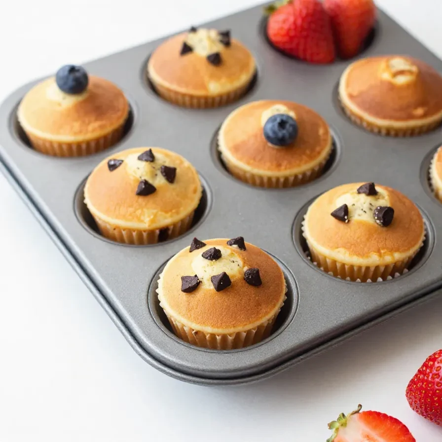 A tray of freshly baked pancake mini muffins with a golden brown top.