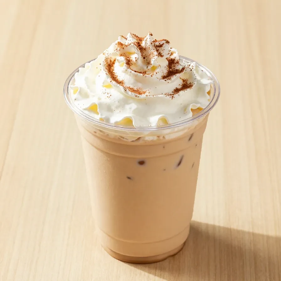 A glass mug filled with pumpkin chai tea topped with creamy cold foam on a wooden table.