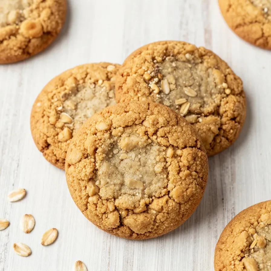 A plate of freshly baked healthy peanut butter oatmeal cookies on a wooden table.