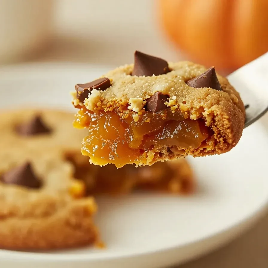Close-up of chewy pumpkin chocolate chip cookies stacked on a plate.