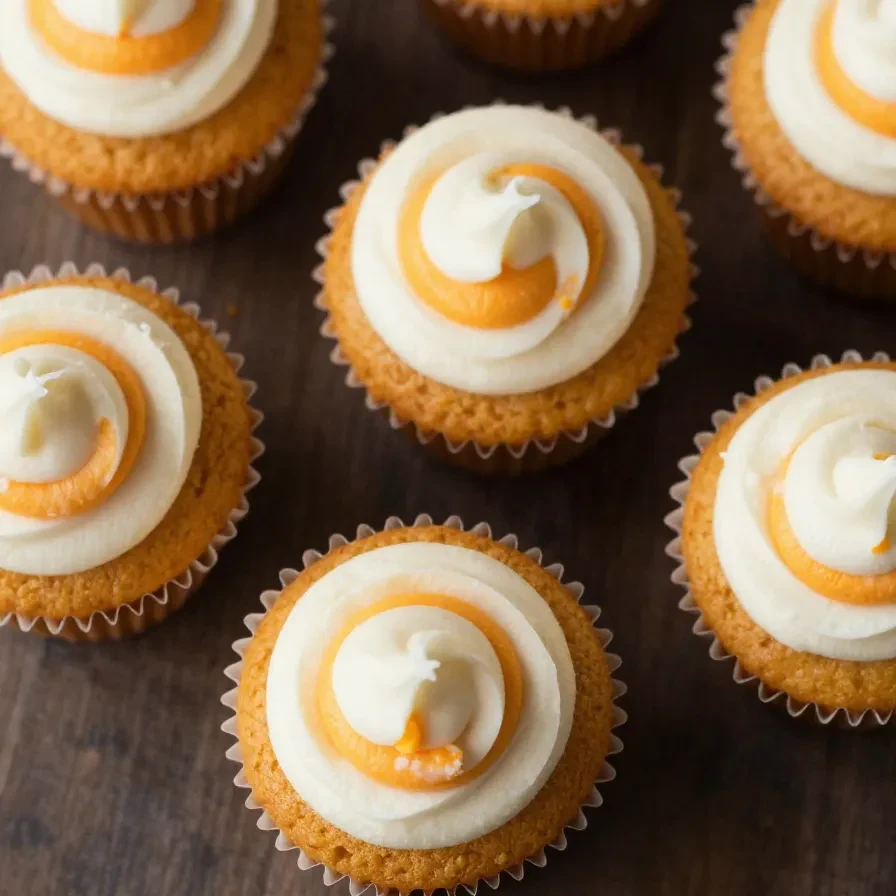A batch of freshly baked flourless pumpkin muffins on a wooden table.