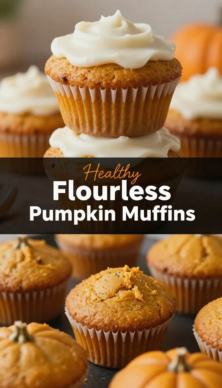 A batch of freshly baked flourless pumpkin muffins on a wooden table.