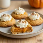 A plate of freshly baked vegan pumpkin pie cookies with a sprinkle of cinnamon on top.