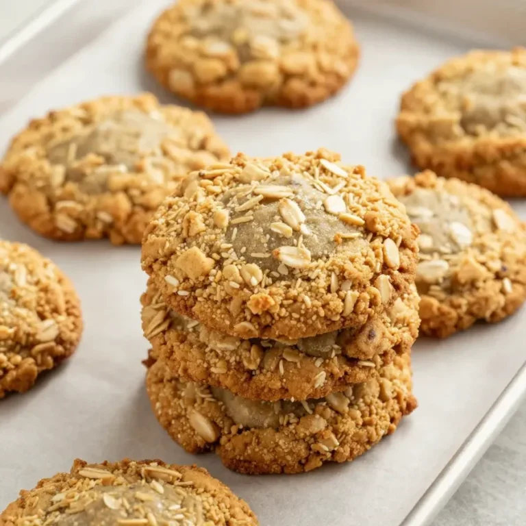 A plate of freshly baked peanut butter oatmeal cookies on a wooden table.