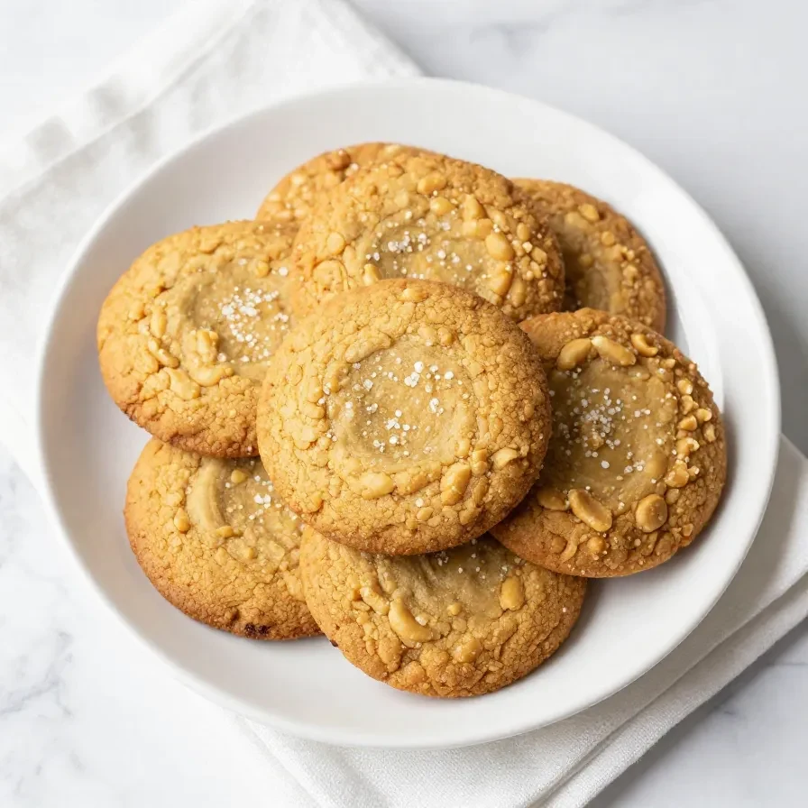 A plate of freshly baked peanut butter cookies made with brown sugar, placed on a wooden table.