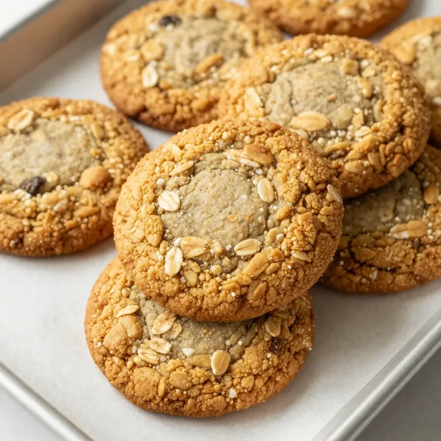 A plate of freshly baked peanut butter oatmeal cookies on a wooden table.