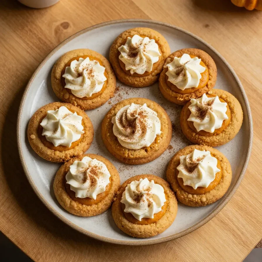 A plate of freshly baked vegan pumpkin pie cookies with a sprinkle of cinnamon on top.
