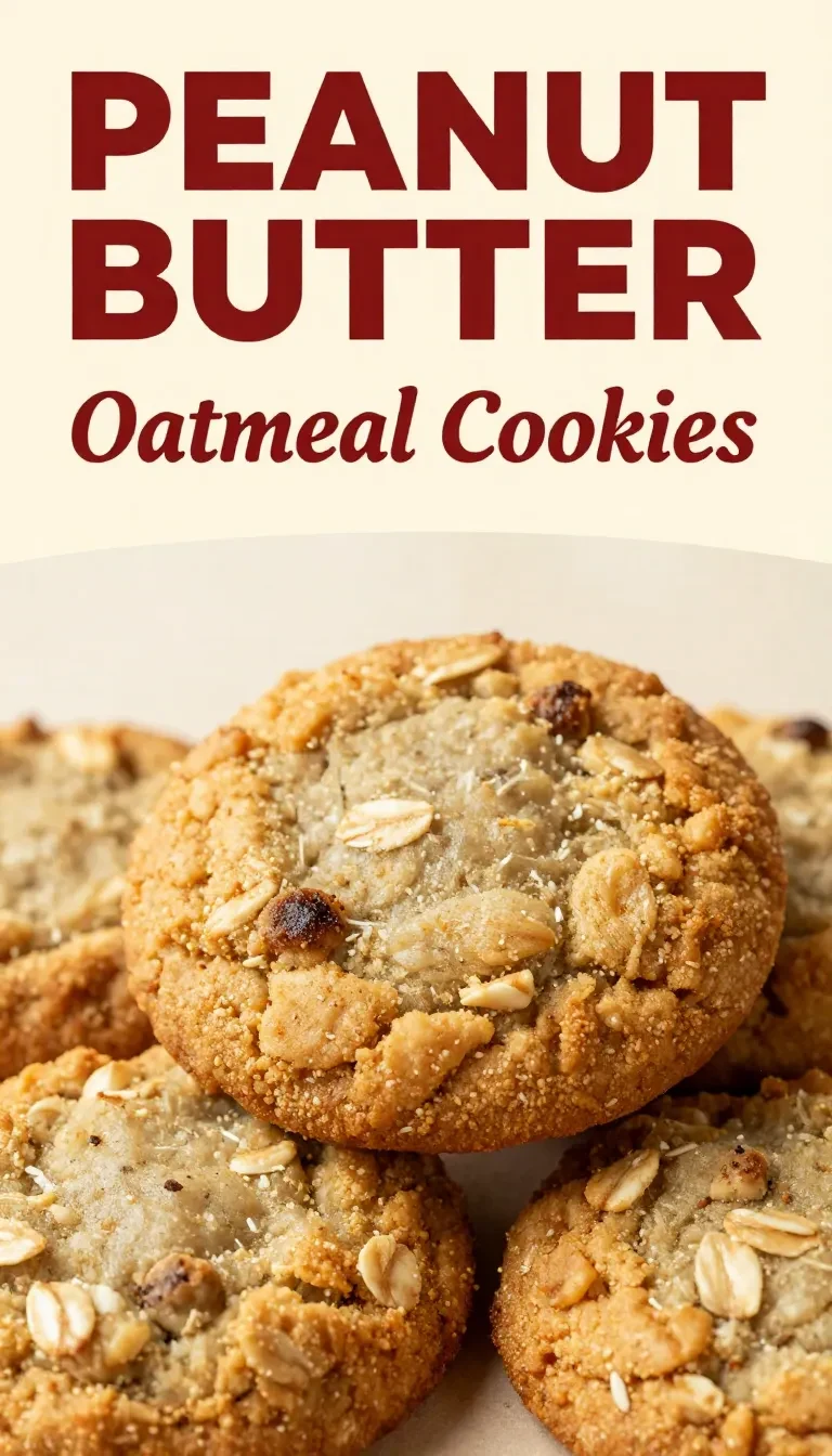 A plate of freshly baked peanut butter oatmeal cookies on a wooden table.