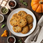 A plate of freshly baked gluten-free pumpkin oatmeal cookies on a wooden table.