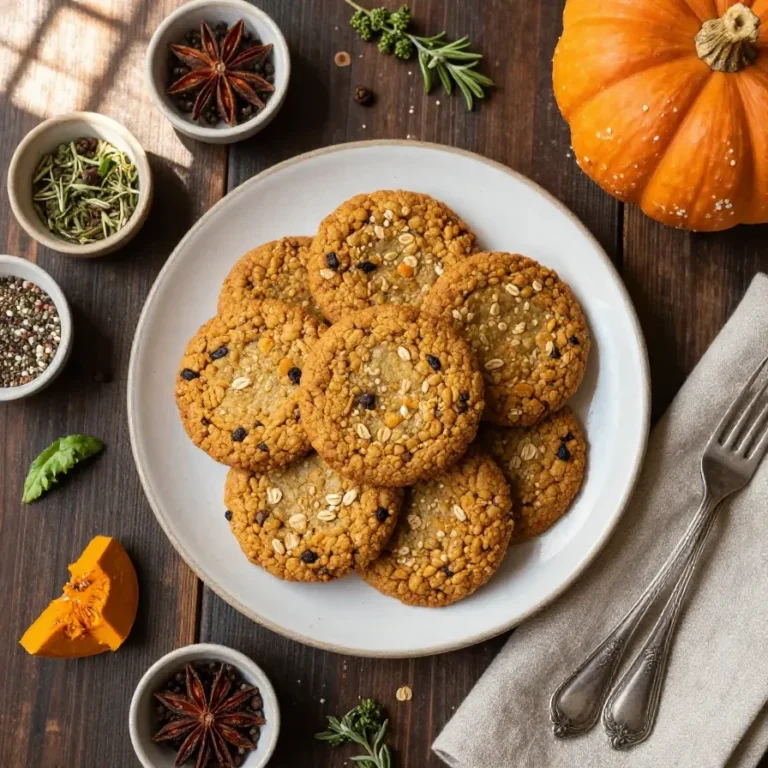 A plate of freshly baked gluten-free pumpkin oatmeal cookies on a wooden table.