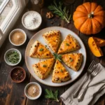 Freshly baked pumpkin scones served on a wooden table.