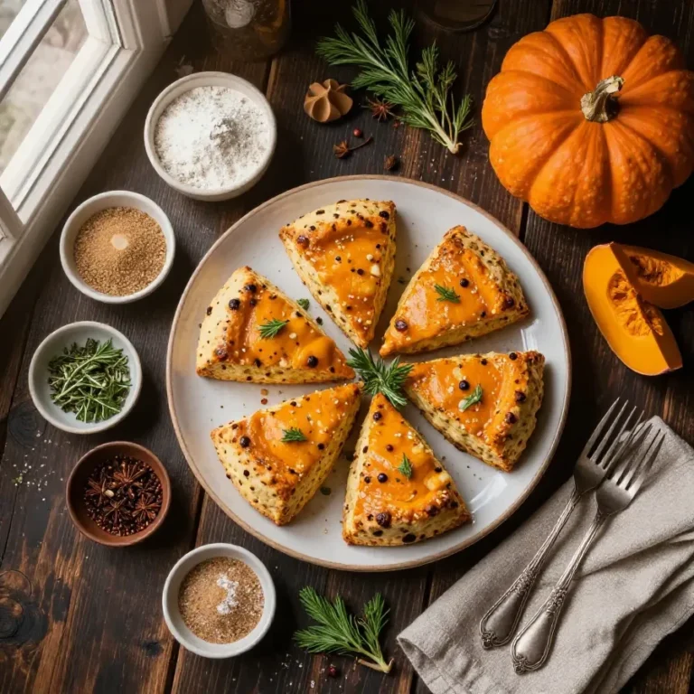Pumpkin Scones Recipe Freshly baked pumpkin scones served on a wooden table.