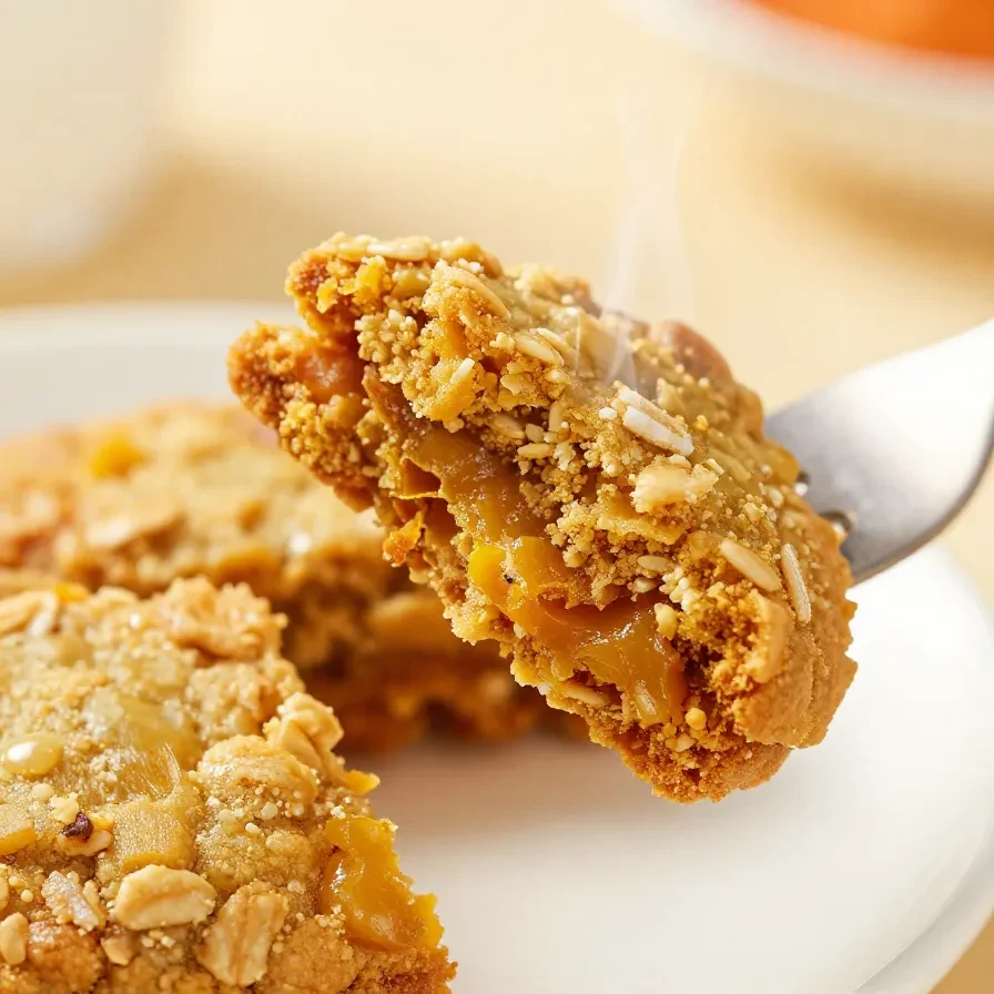 A plate of freshly baked gluten-free pumpkin oatmeal cookies on a wooden table.
