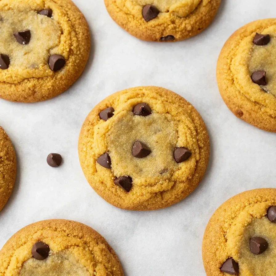 A plate of freshly baked vegan pumpkin chocolate chip cookies on a wooden table.