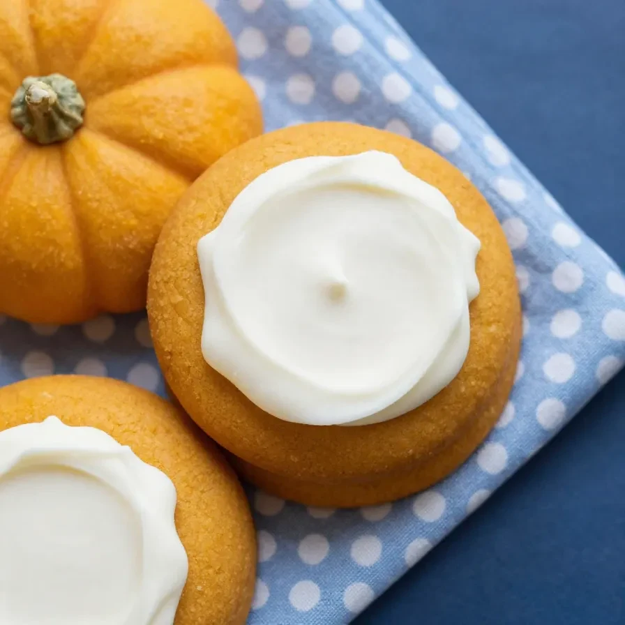 A plate of freshly baked soft pumpkin cookies with a light glaze on top.