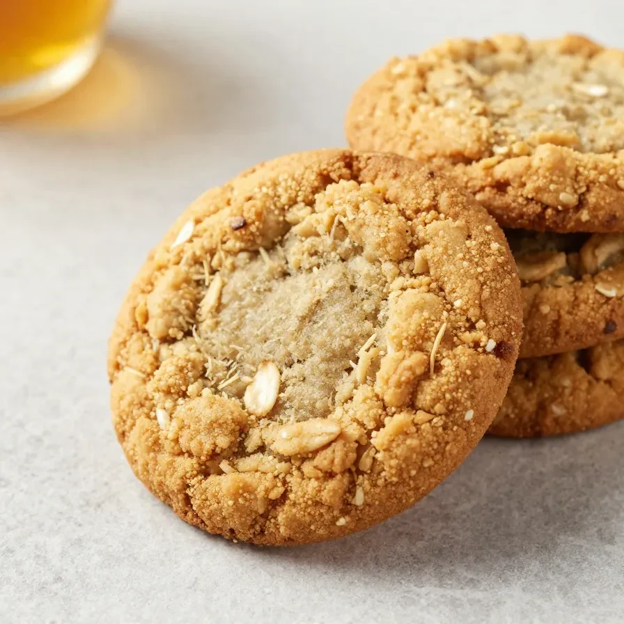 A plate of freshly baked peanut butter oatmeal cookies on a wooden table.