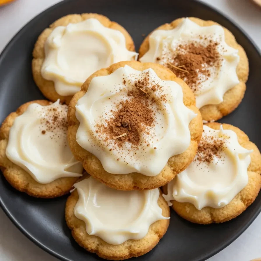 A plate of freshly baked low-calorie pumpkin cookies served on a wooden table.