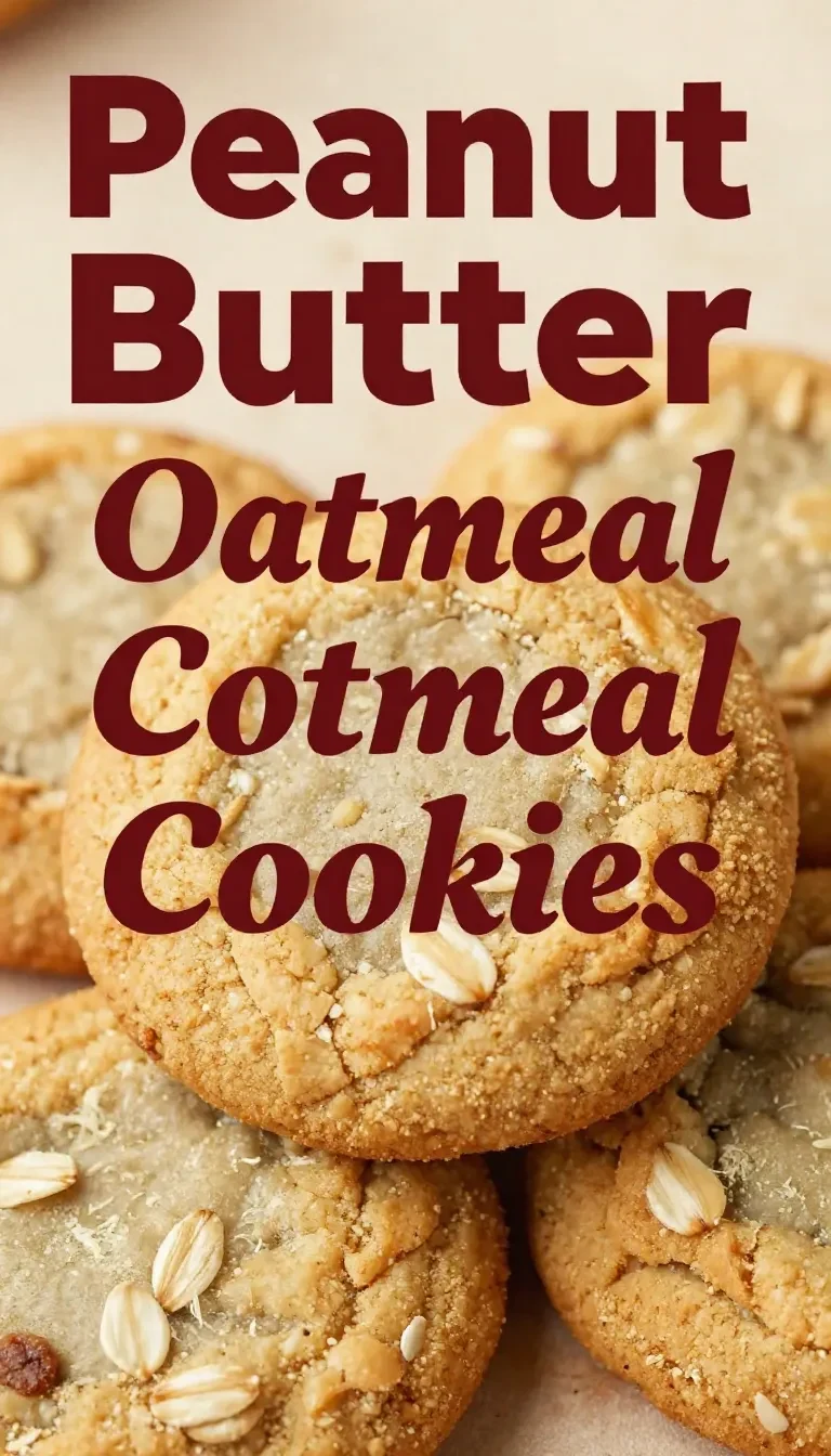 A plate of freshly baked peanut butter oatmeal cookies on a wooden table.