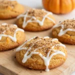 A plate of chewy pumpkin snickerdoodle cookies drizzled with maple glaze, arranged on a rustic wooden table.