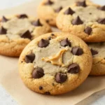 A plate of freshly baked peanut butter chocolate chip cookies on a wooden table.