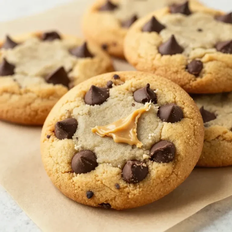 A plate of freshly baked peanut butter chocolate chip cookies on a wooden table.