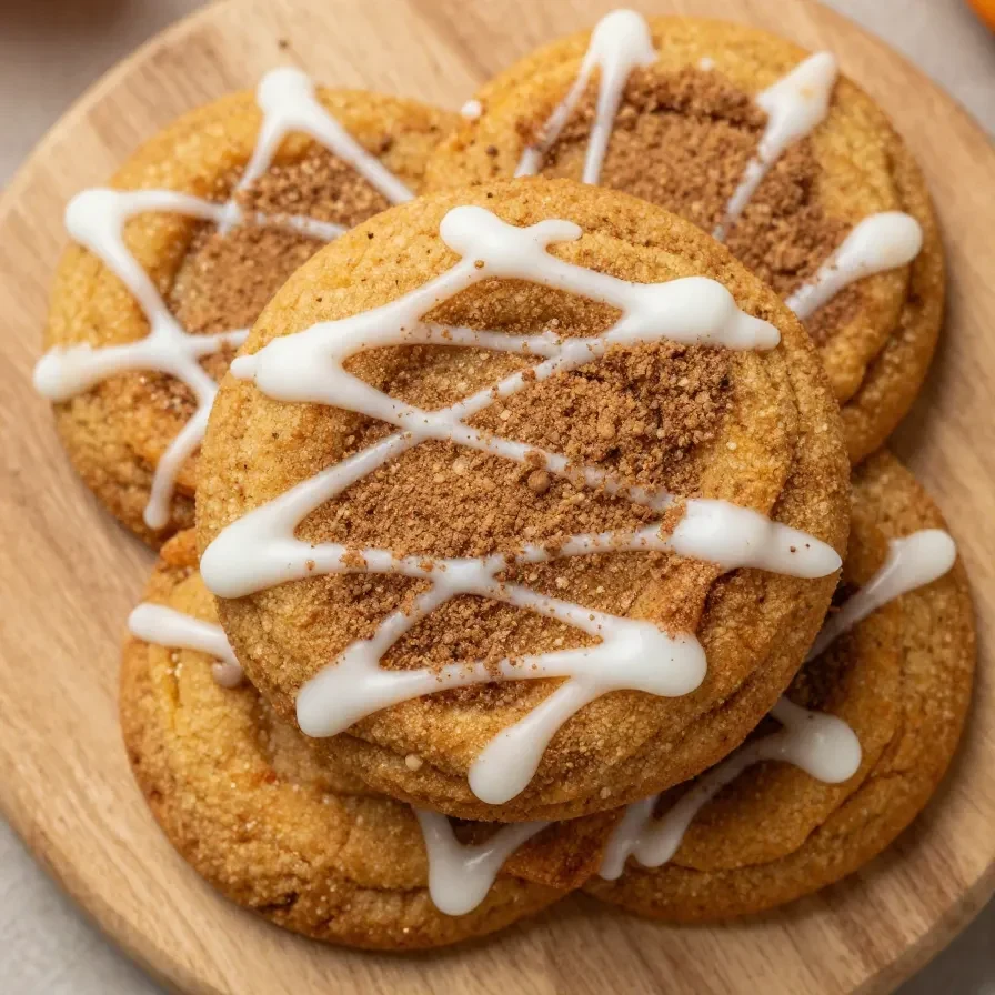 A plate of chewy pumpkin snickerdoodle cookies drizzled with maple glaze, arranged on a rustic wooden table.