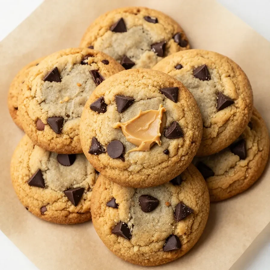 A plate of freshly baked peanut butter chocolate chip cookies on a wooden table.