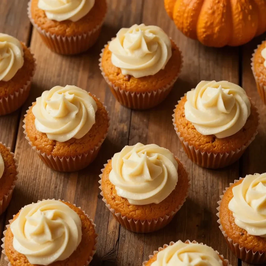 A close-up of freshly baked flourless pumpkin muffins arranged on a wooden table.