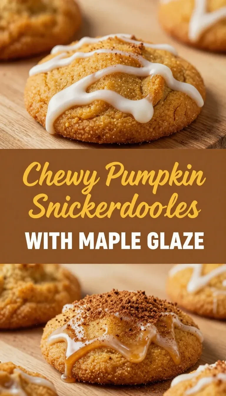 A plate of chewy pumpkin snickerdoodle cookies drizzled with maple glaze, arranged on a rustic wooden table.