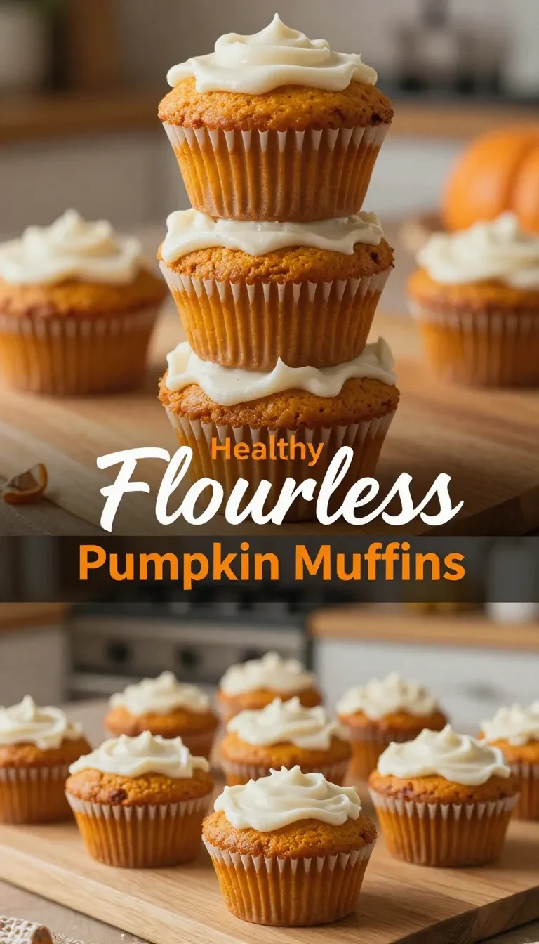 A close-up of freshly baked flourless pumpkin muffins arranged on a wooden table.