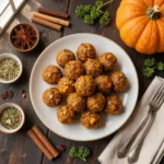 Close-up of homemade pumpkin spice protein balls arranged on a rustic wooden plate.