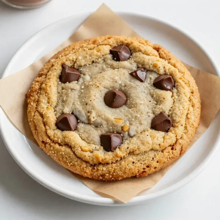 A freshly baked single-serve chocolate chip cookie on a white plate, made without eggs.