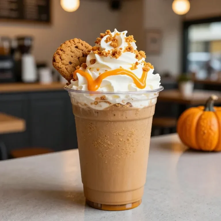 Fall Starbucks Inspiration: Pumpkin Cookie Frappuccino A Pumpkin Cookie Frappuccino in a Starbucks cup surrounded by fall-themed decor.