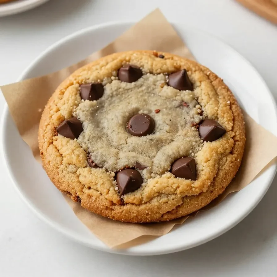 A freshly baked single-serve chocolate chip cookie on a white plate, made without eggs.