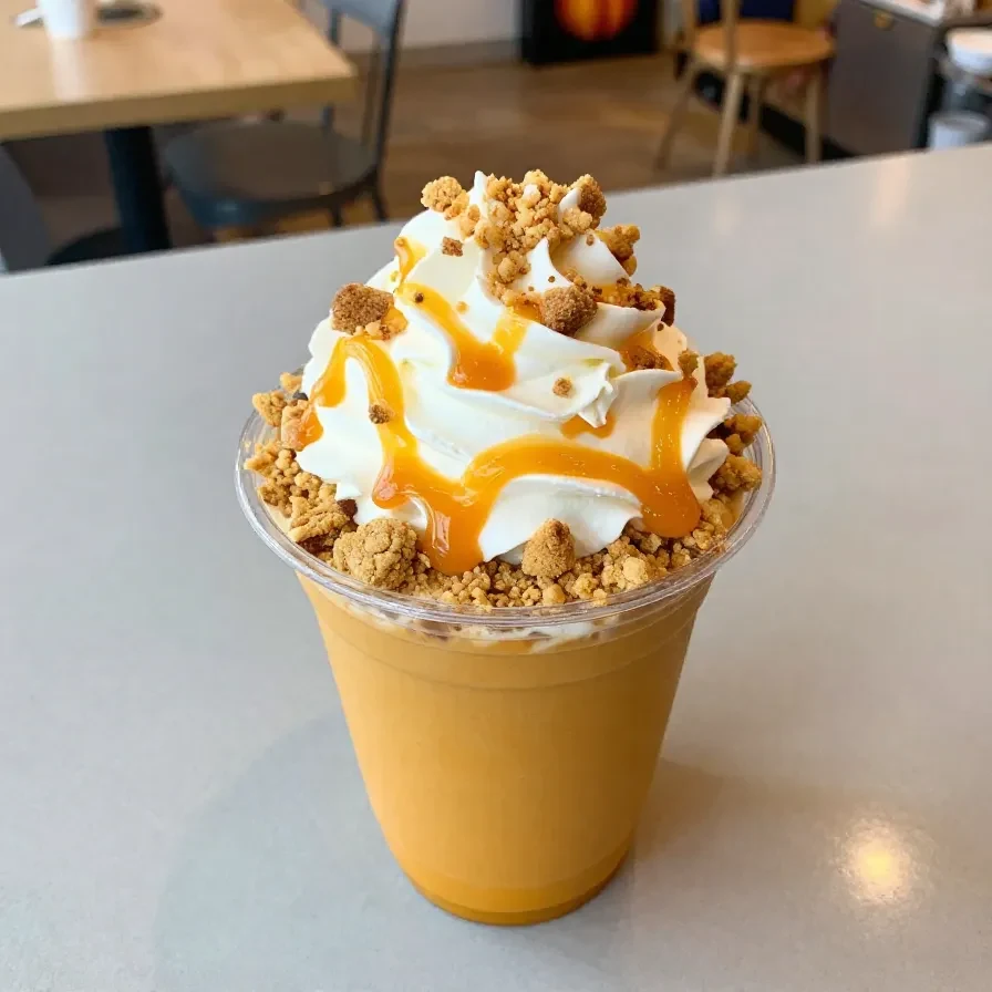 A Pumpkin Cookie Frappuccino in a Starbucks cup surrounded by fall-themed decor.