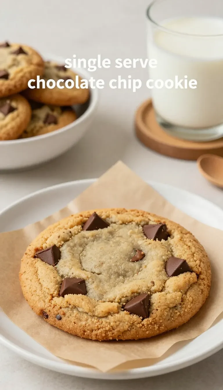 A freshly baked single-serve chocolate chip cookie on a white plate, made without eggs.