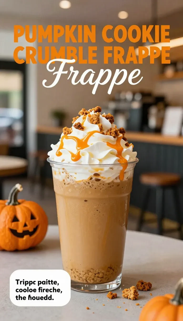 A Pumpkin Cookie Frappuccino in a Starbucks cup surrounded by fall-themed decor.